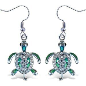 Sparkling Green Sea Turtle Drop Earrings Silver Tone Cute Ocean Animal Jewelry